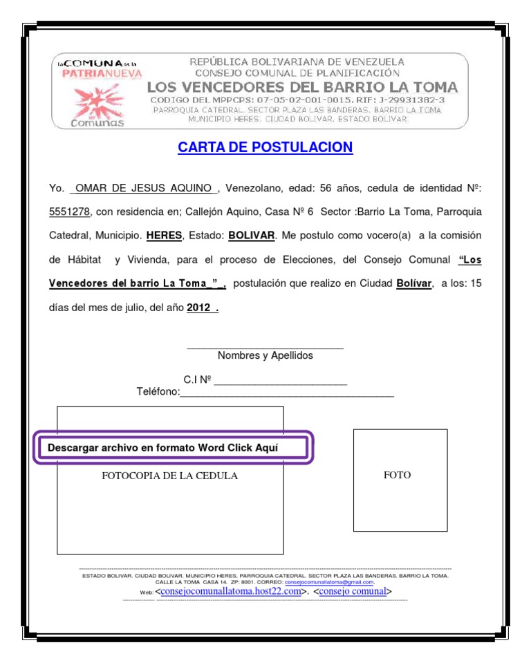Consejo Comunal Carta de Postulacion