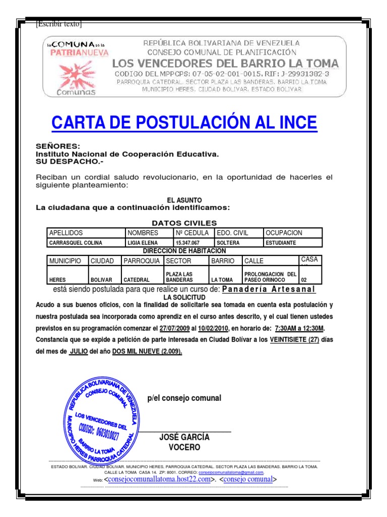Carta de Postulacion Inces