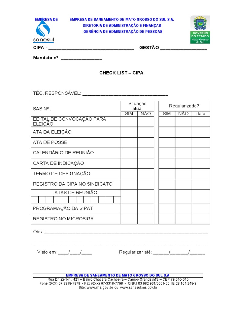 Check List para CIPA da Sanesul | PDF | Finanças e Administração de Capital