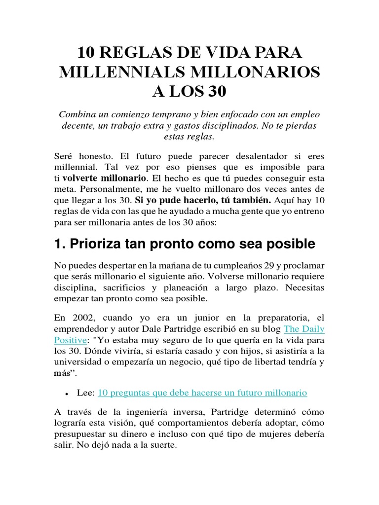 Reglas para ser millonario a los 30 | PDF | Presupuesto | Ahorro
