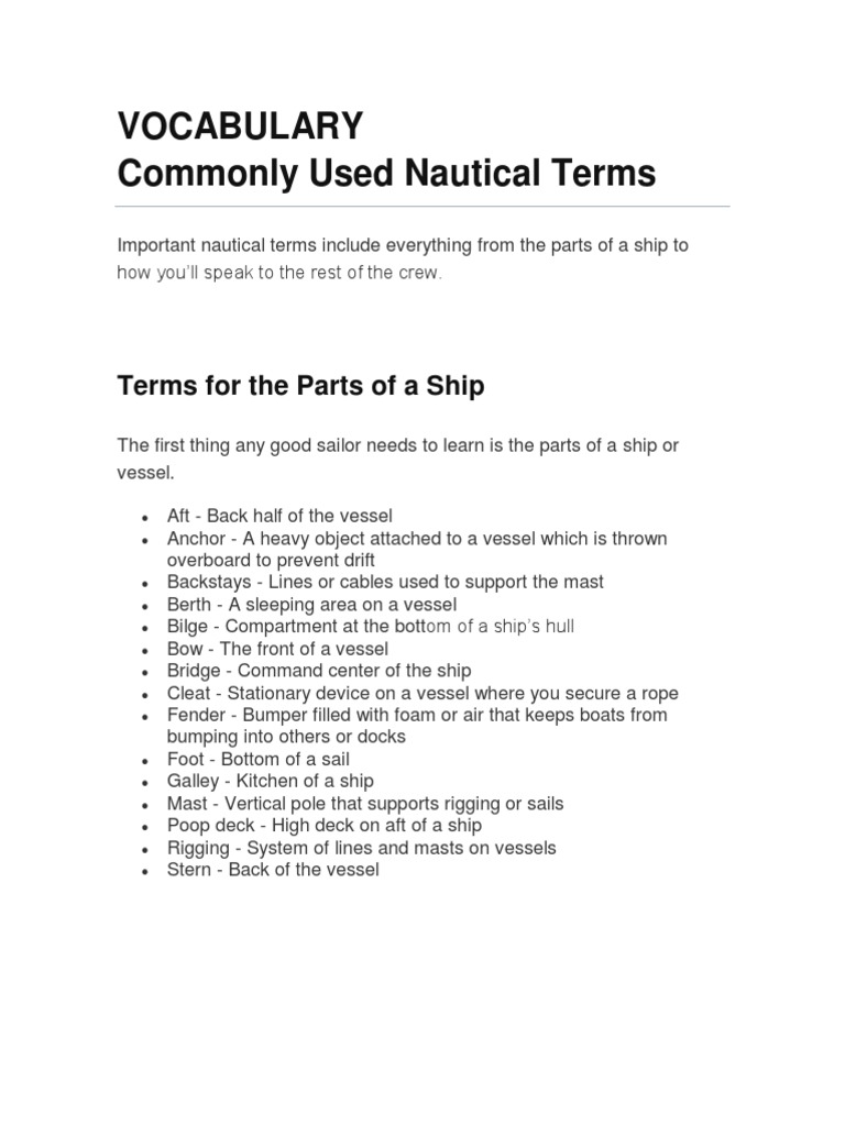 Vocabulary Commonly Used Nautical Terms Terms For The Parts of A Ship
