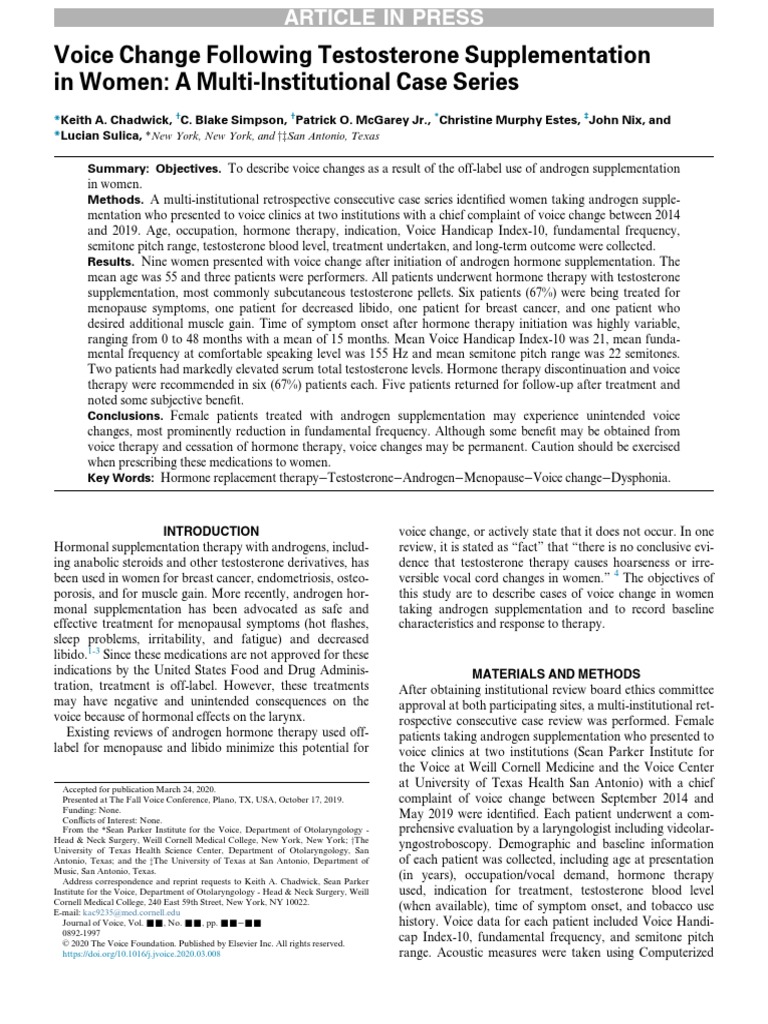 Voice Change Following Testosterone Supplementation PDF Hormone