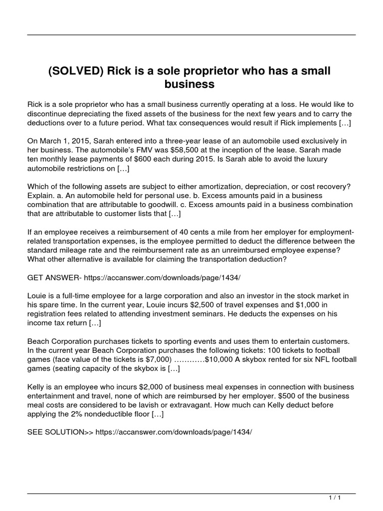 Solved Rick Is A Sole Proprietor Who Has A Small Business PDF Tax