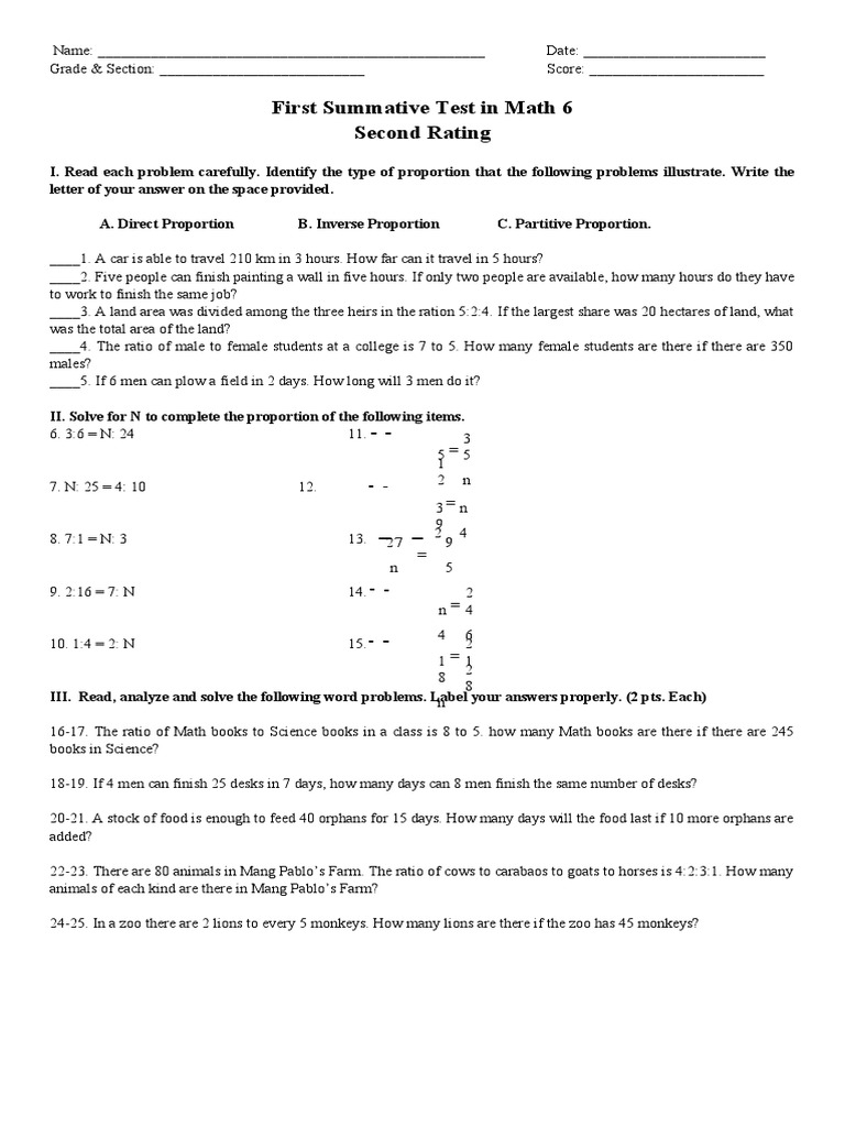 Math 6 Proportion Test | PDF | Teaching Mathematics | Foods