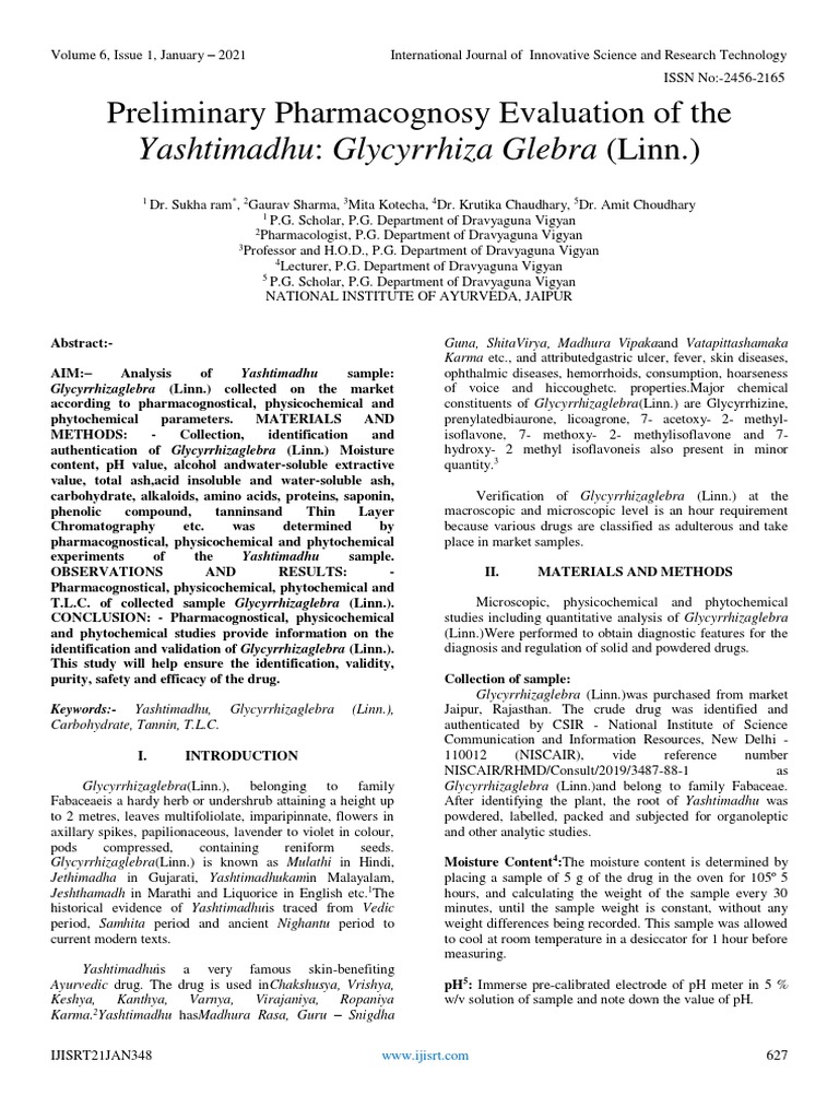 Preliminary Pharmacognosy Evaluation of The Yashtimadhu Glycyrrhiza