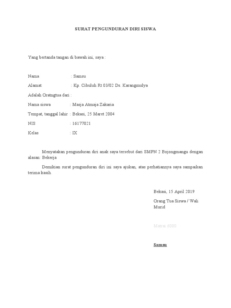 Surat Pengunduran Diri Siswa | PDF