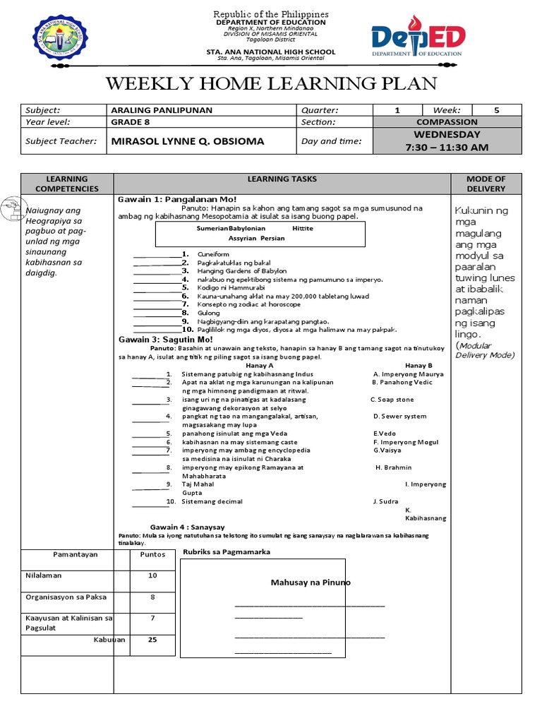 Week Home Learning Plan week5FINAL22 | PDF