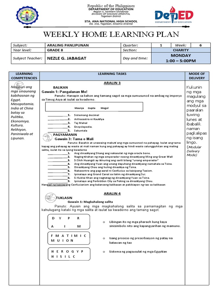 Week Home Learning Plan Week6 | PDF