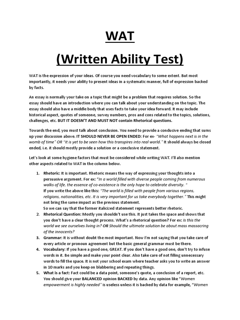 WAT (Written Ability Test) | PDF | Rhetoric | Essays