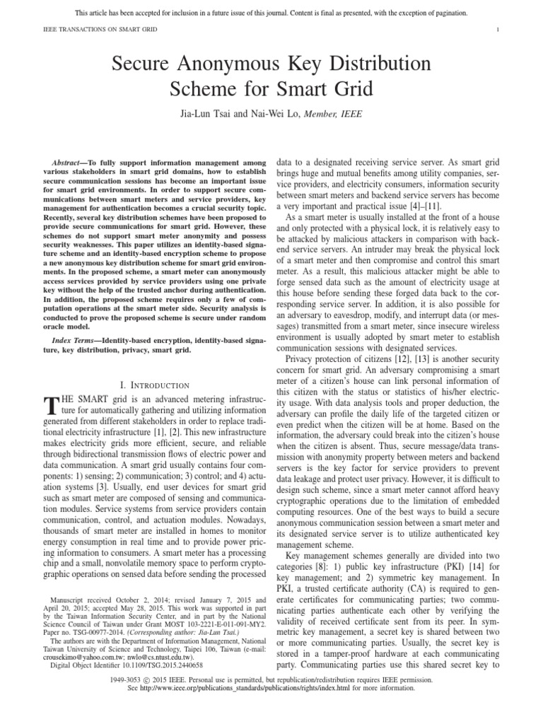 Secure Anonymous Key Distribution Scheme For Smart Grid | PDF | Public ...