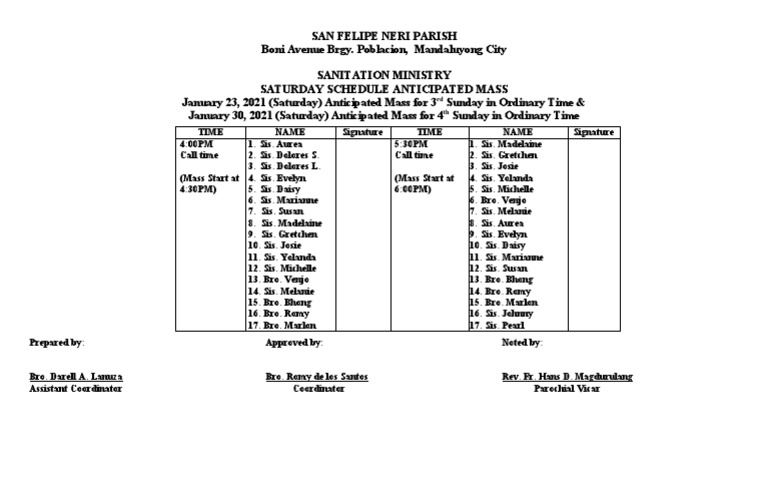 SAN FELIPE NERI PARISH Sanitation Ministry Schedule For Janury 23 & 30