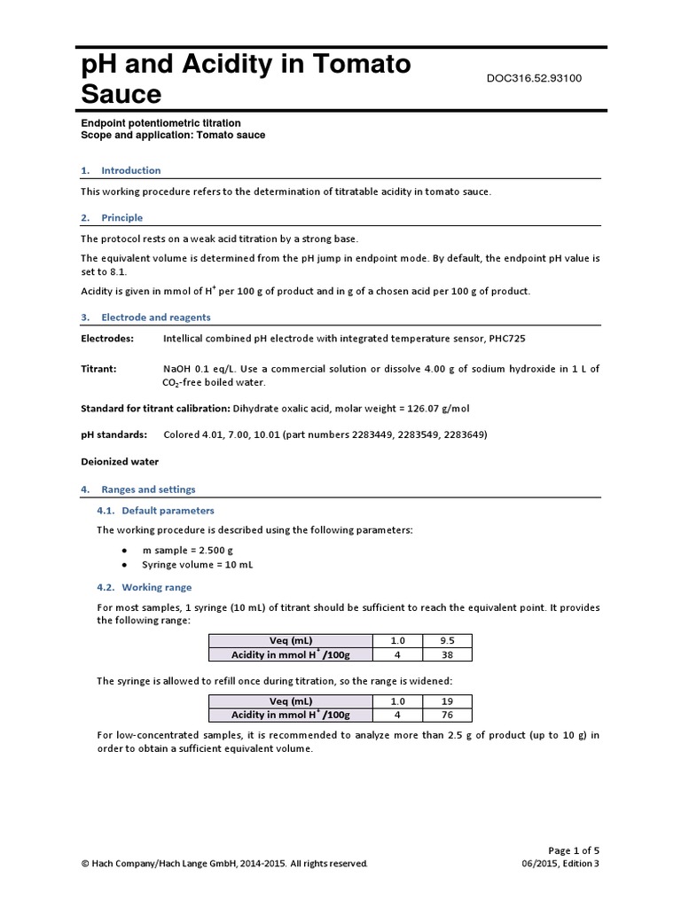 DOC316.52.93100 PH and Acidity in Tomato Sauce PDF Titration