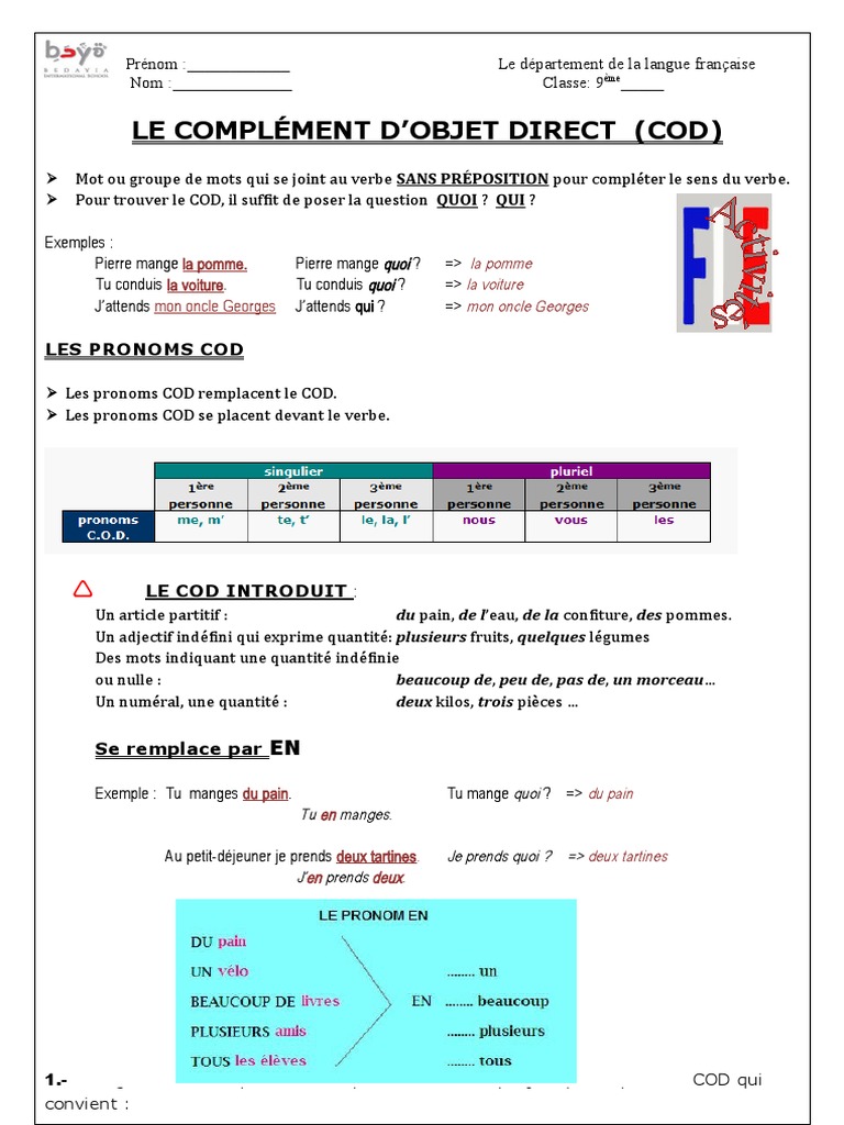 Exercices sur le COD et COI 4ème | PDF | Pronom | Complément d'objet