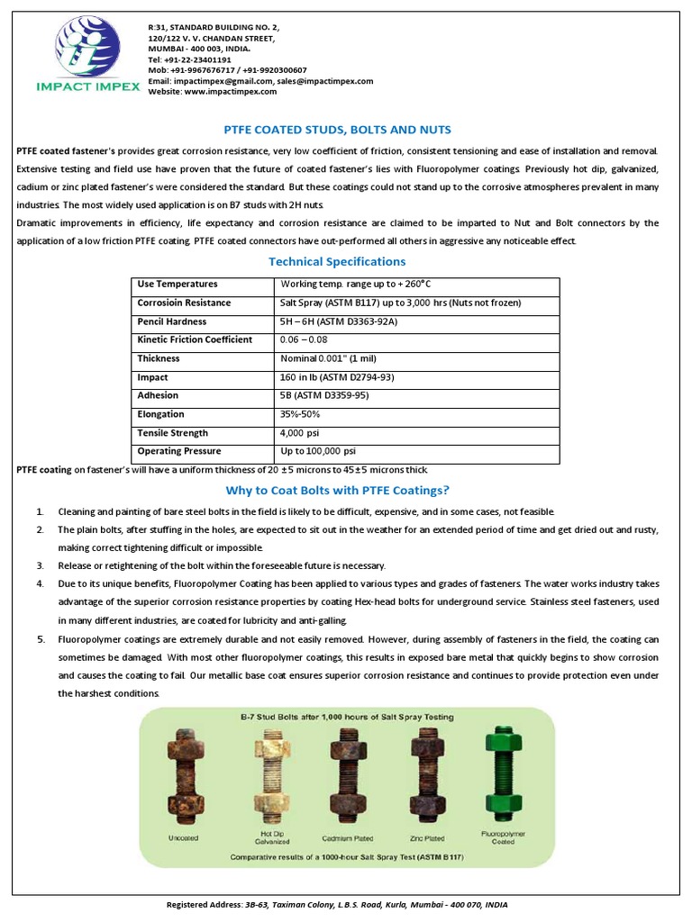 PTFE Coated Fasteners Overview | PDF | Screw | Corrosion