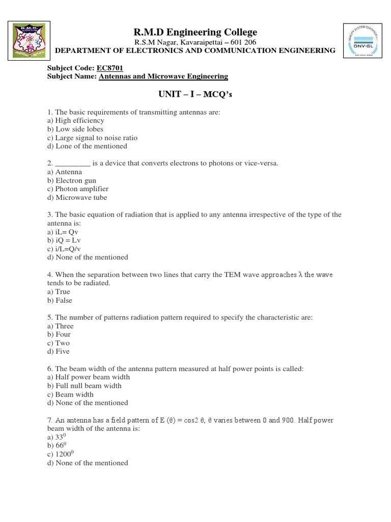 Ec8701 Antennas And Microwave Engg 5 Units Mcq Questions Antenna Radio Diode