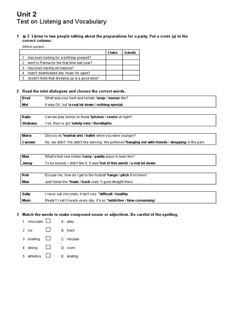 Unit 2 Test On Vocabulary | PDF | Sports