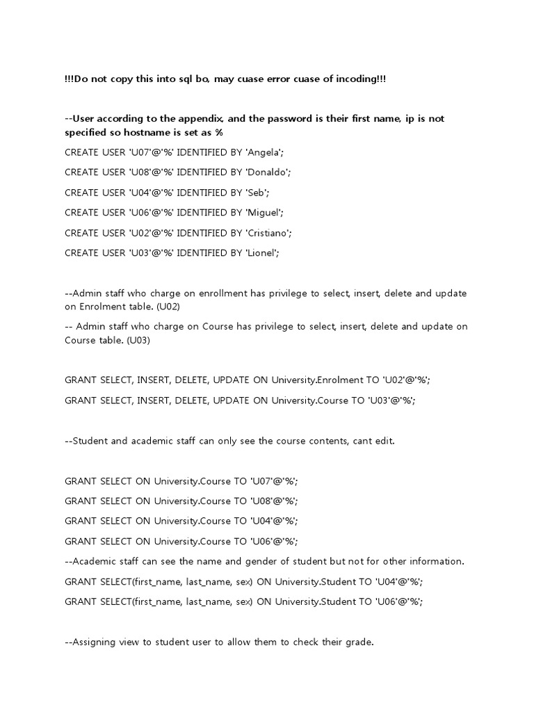 User Privileges and Views in SQL | PDF | Data Management | Databases