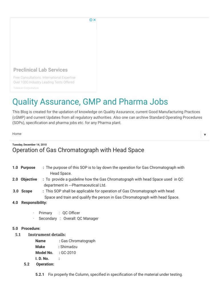 Quality Assurance, GMP and Pharma Jobs Operation of Gas Chromatograph With Head Space PDF
