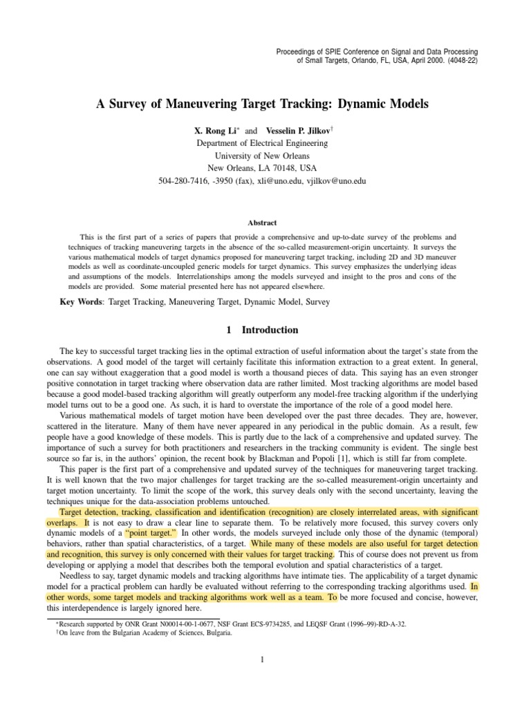 A Survey Of Maneuvering Target Tracking Dynamic Models Pdf Discrete