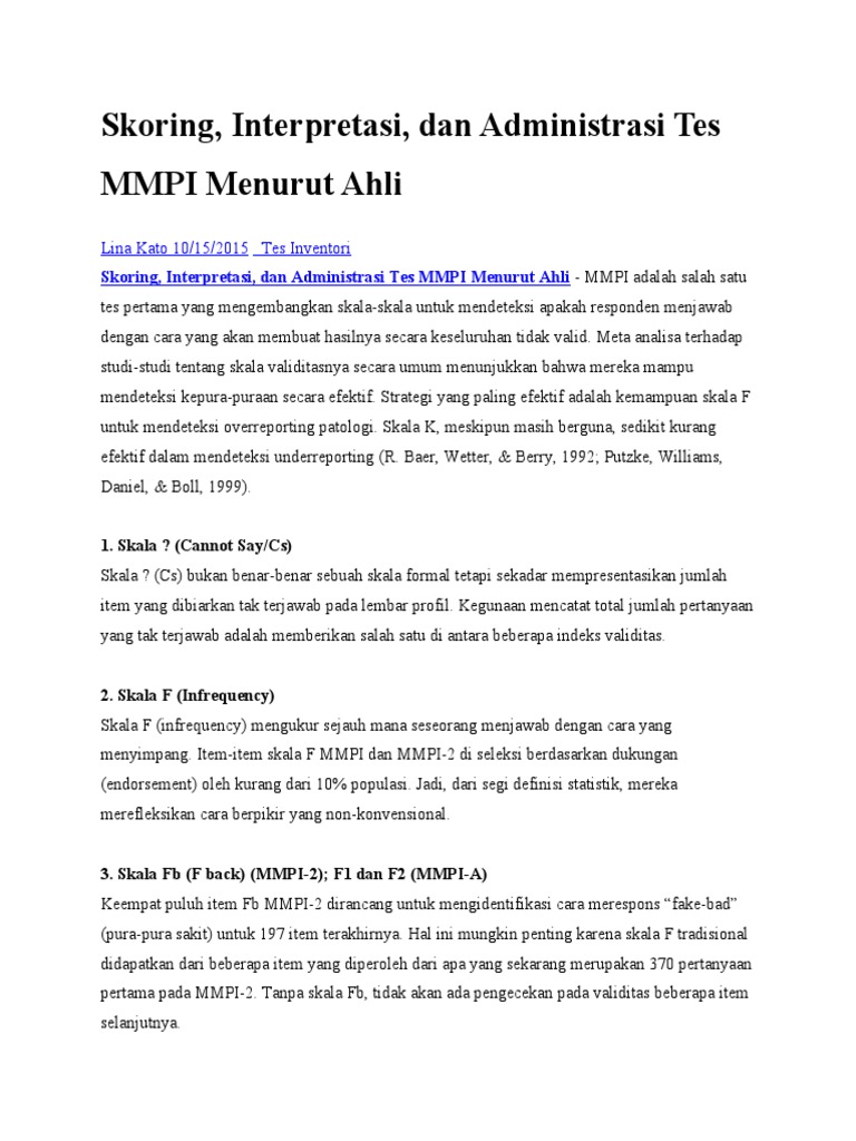 Skoring Interpretasi Dan Administrasi Tes Mmpi Menurut Ahli