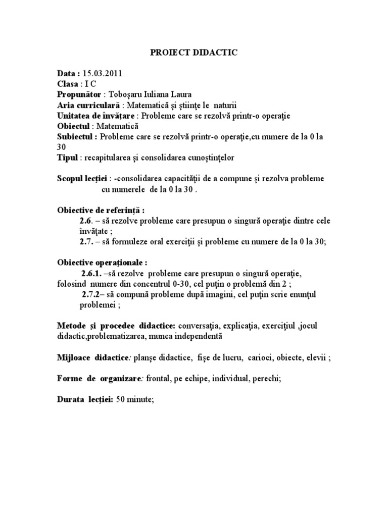 Proiect Didactic Matematica 15 Martie 22 | PDF