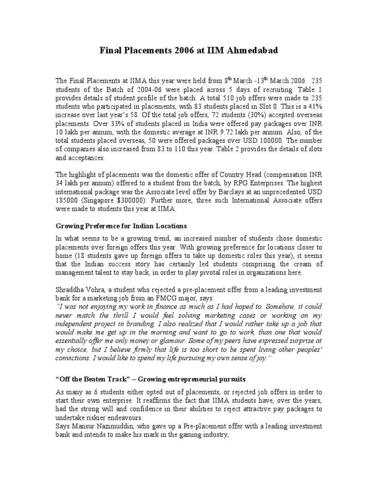 IIM Ahmedabad 2006 Placement Overview | PDF