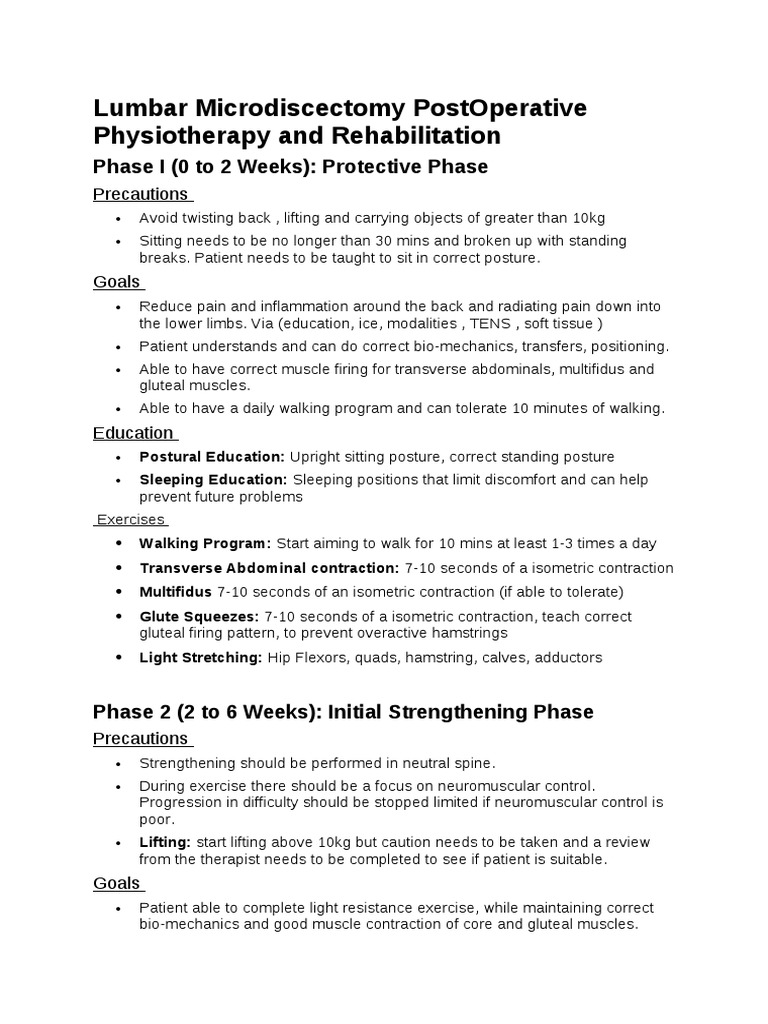 Lumbar Microdiscectomy Postoperative Physiotherapy and Rehabilitation