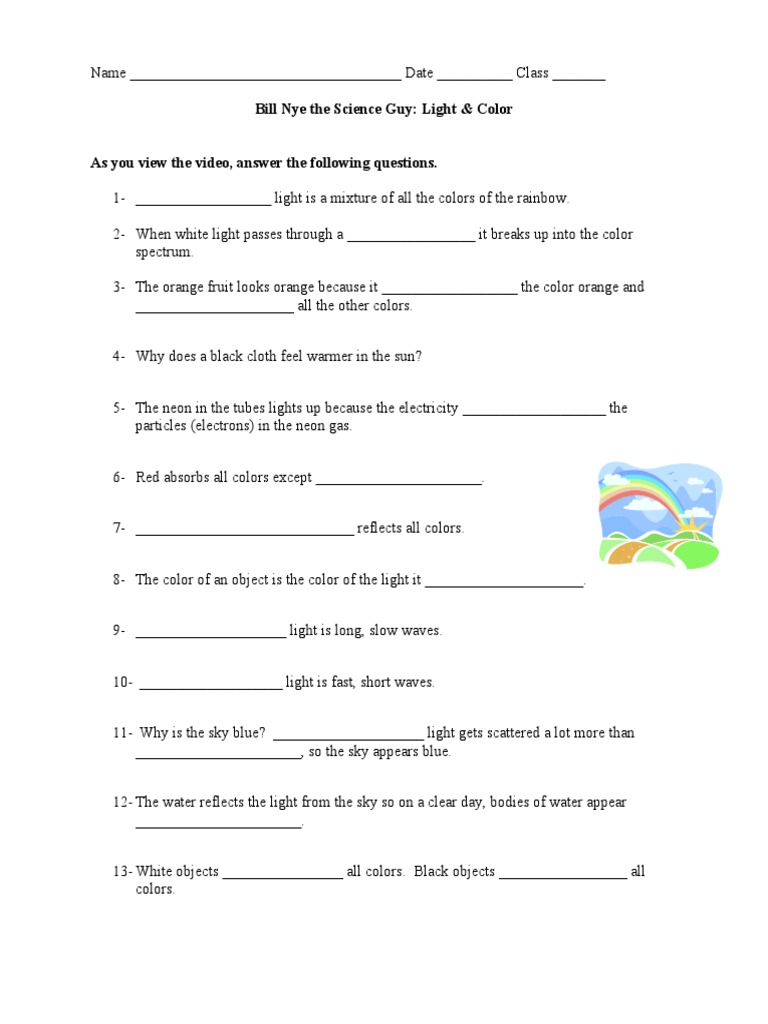 Bill Nye Light Color Worksheet  PDF Pertaining To Bill Nye Waves Worksheet