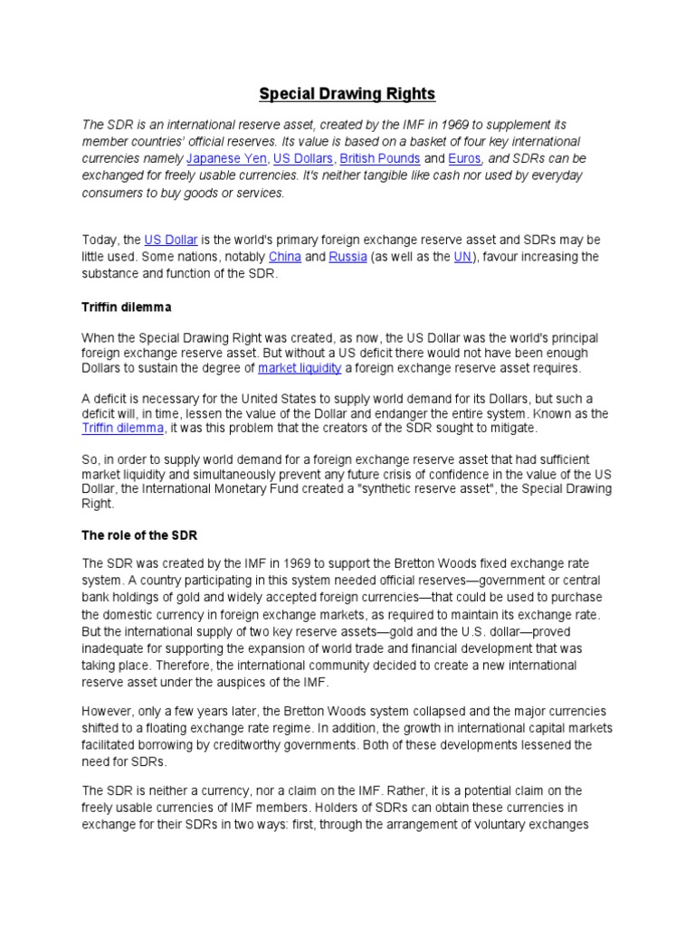 A Comprehensive Examination of Special Drawing Rights: History Purpose