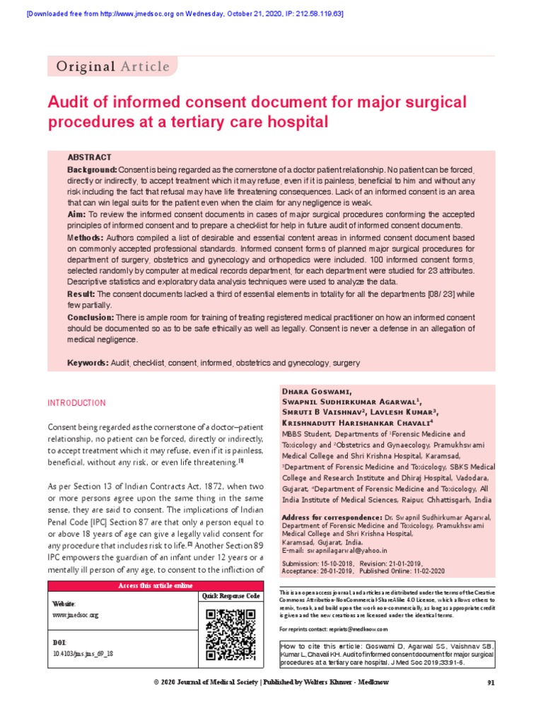 Audit of Informed Consent Document For Major Surgical | PDF | Informed ...