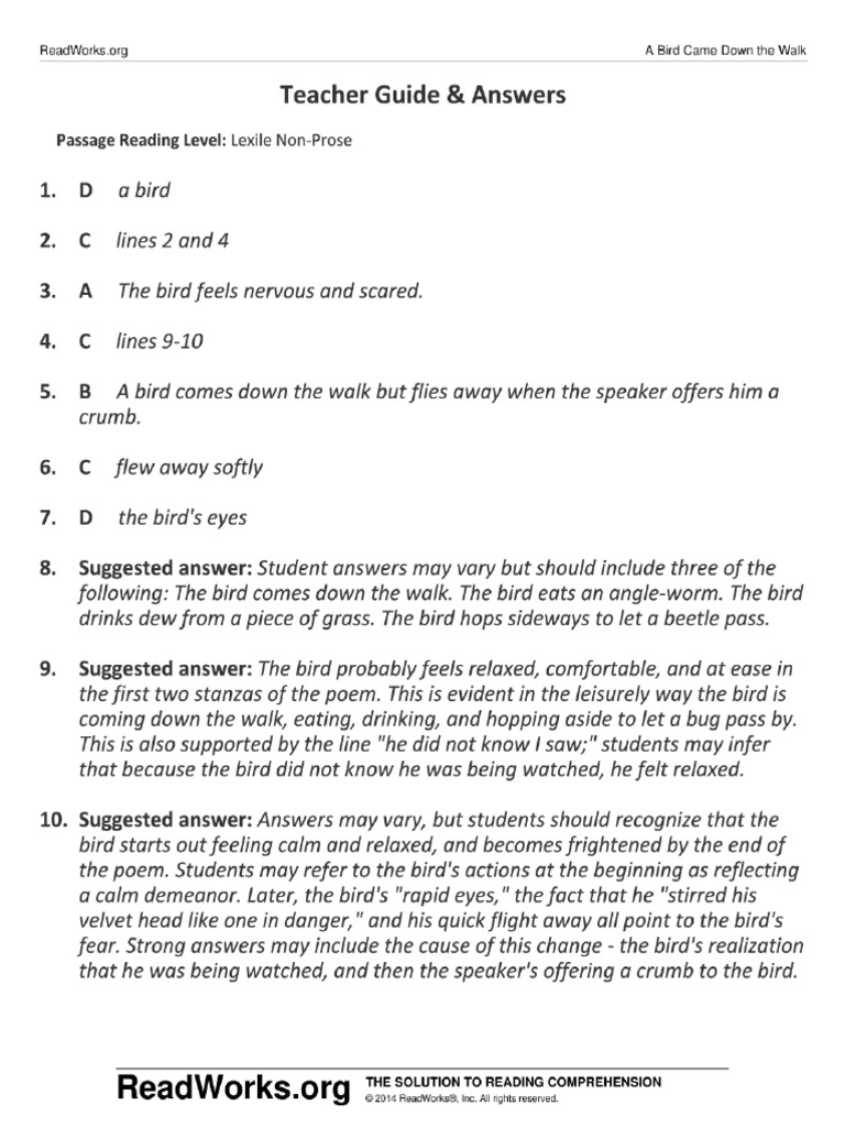 A Bird Came Down The Walk Answer Key PDF
