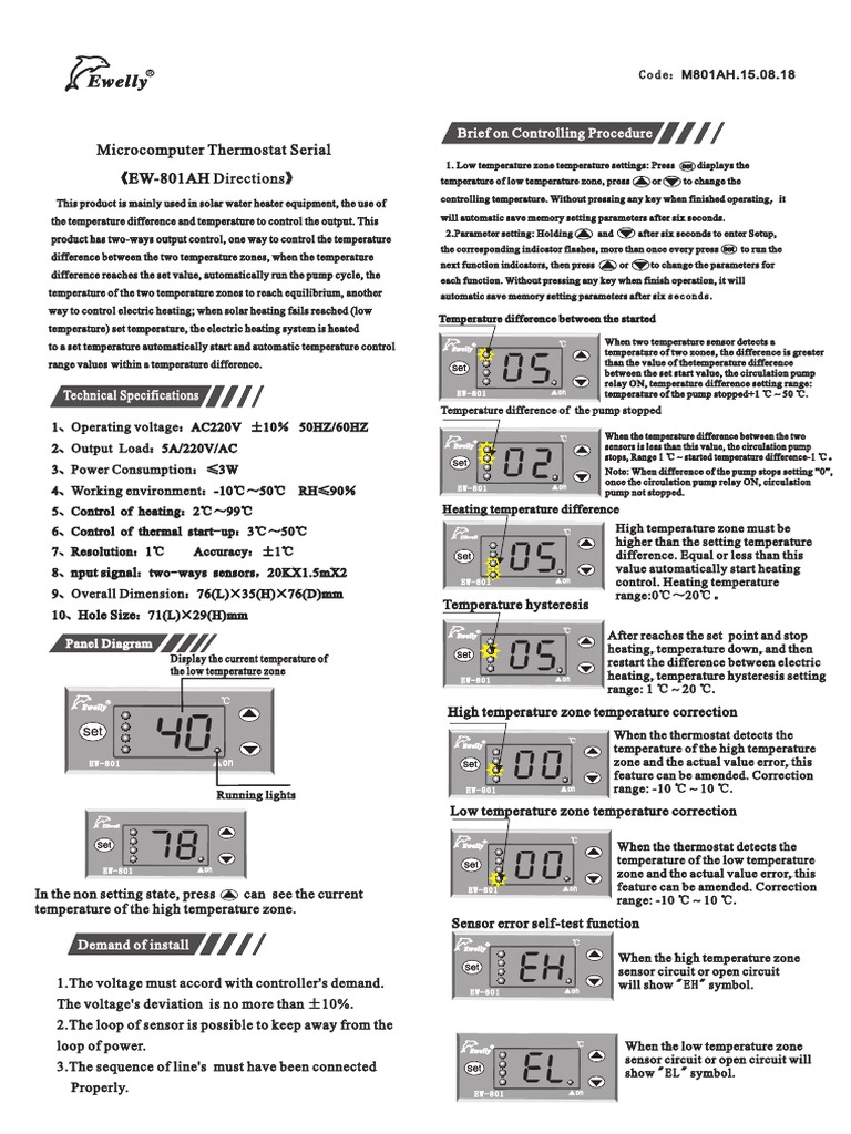 Thermostat Serial 《EW801AH 》 Directions Brief on