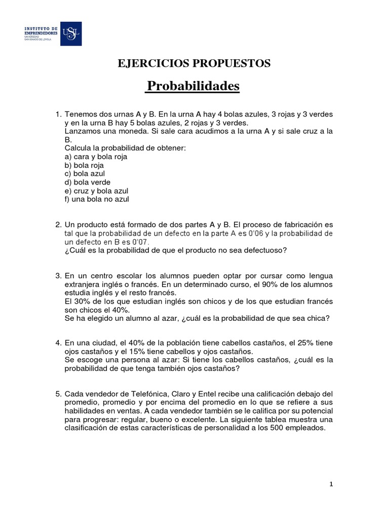 Ejercicios de Probabilidades Básicas | PDF | Probabilidad | Enseñanza ...