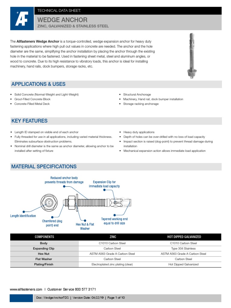 Technical Specifications and Installation Guide for Wedge Anchors PDF