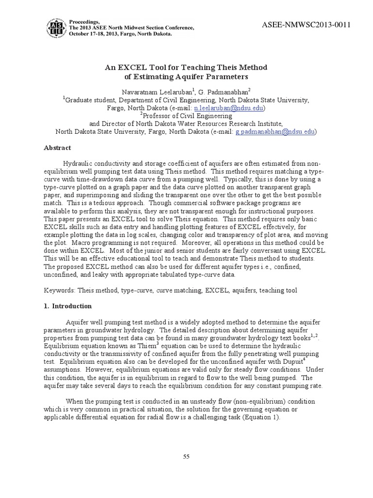Excel Tool For Theis Method Teaching Pdf Hydrogeology Microsoft Excel