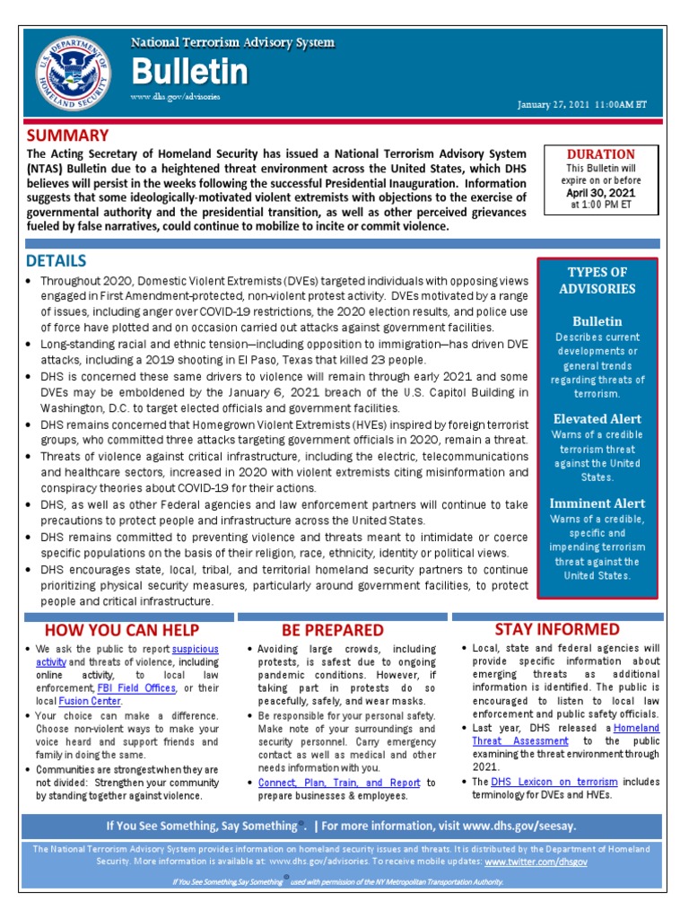 Department of Homeland Security Issued A National Terrorism Bulletin