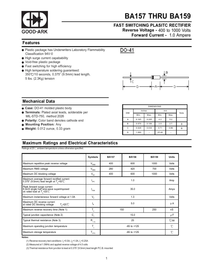 BA157-BA159 Diode Specifications | PDF | Rectifier | Voltage