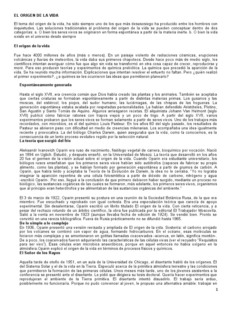 Teorías sobre el origen de la vida | PDF | Organismos | Abiogénesis