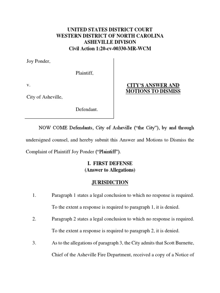 Answer and Motions To Dismiss Joy Ponder PDF Federal Rules Of