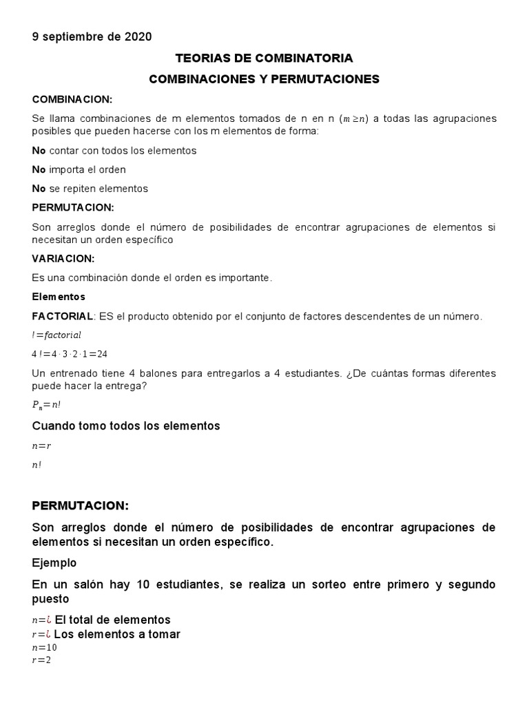 Combinaciones y Permutaciones en Teoría | PDF | Métodos y materiales de ...