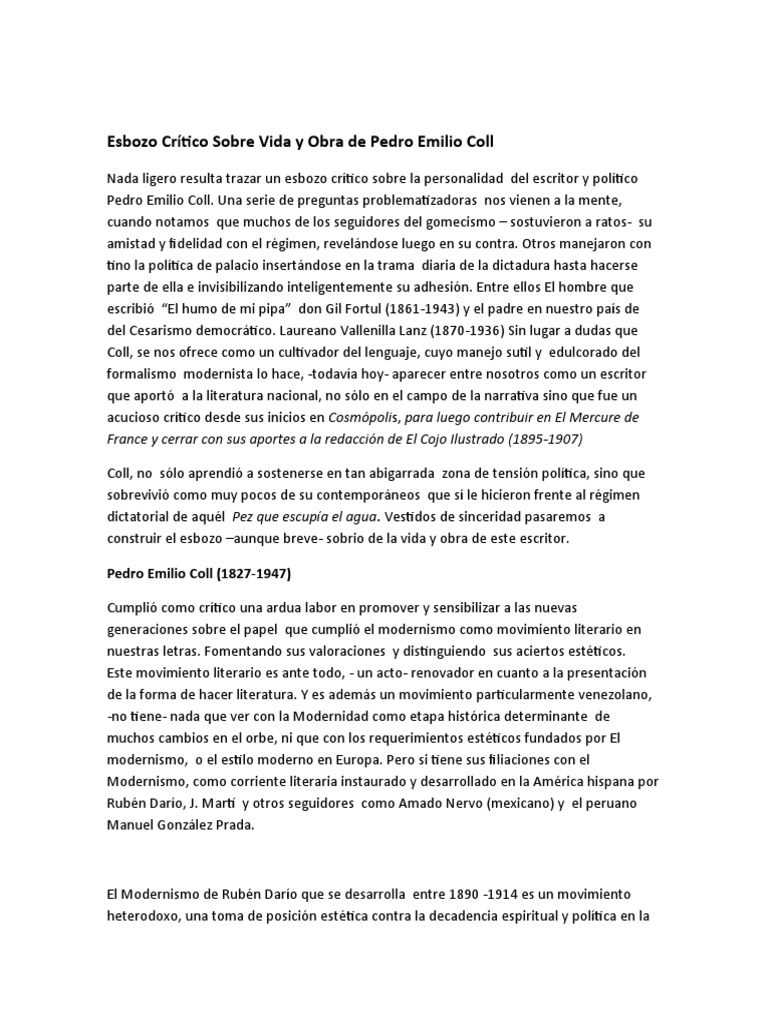 Esbozo Crítico Sobre Vida y Obra de Pedro Emilio Coll | PDF | Poesía