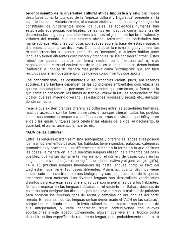Reconocimiento de La Diversidad Cultural Étnica Lingüística y Religión ...