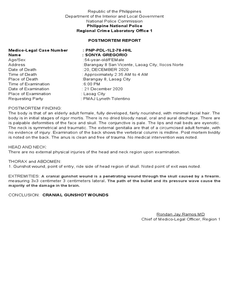 Postmortem Report: Sonya Gregorio | PDF | Death | Medicine