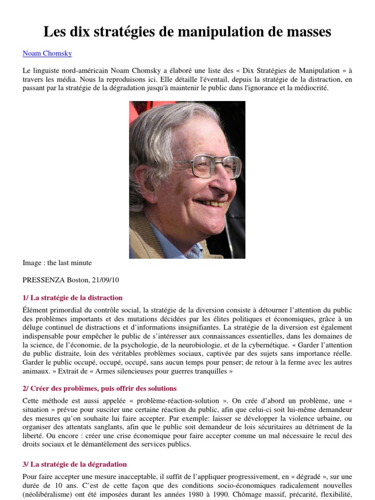 Les 10 Stratégies De Manipulation De Masse Selon Noam Chomsky