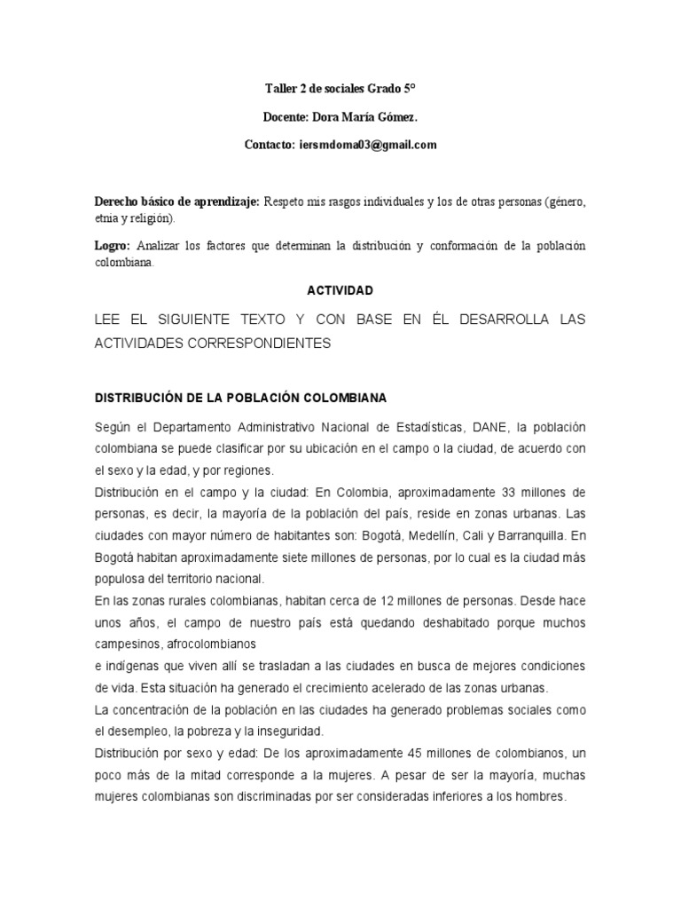 Taller 2 de Sociales Grado 5 de Tercer Periodo | PDF | Colombia | Etnicidad