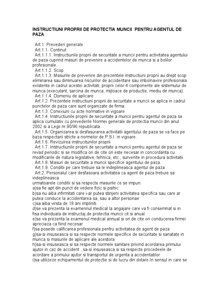 Instructiuni Proprii Agent de Paza | PDF