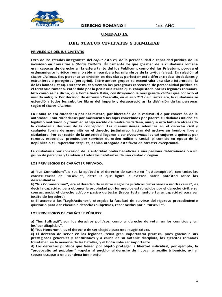 Unidad 9 - Del Status Civitatis y Familiae | PDF