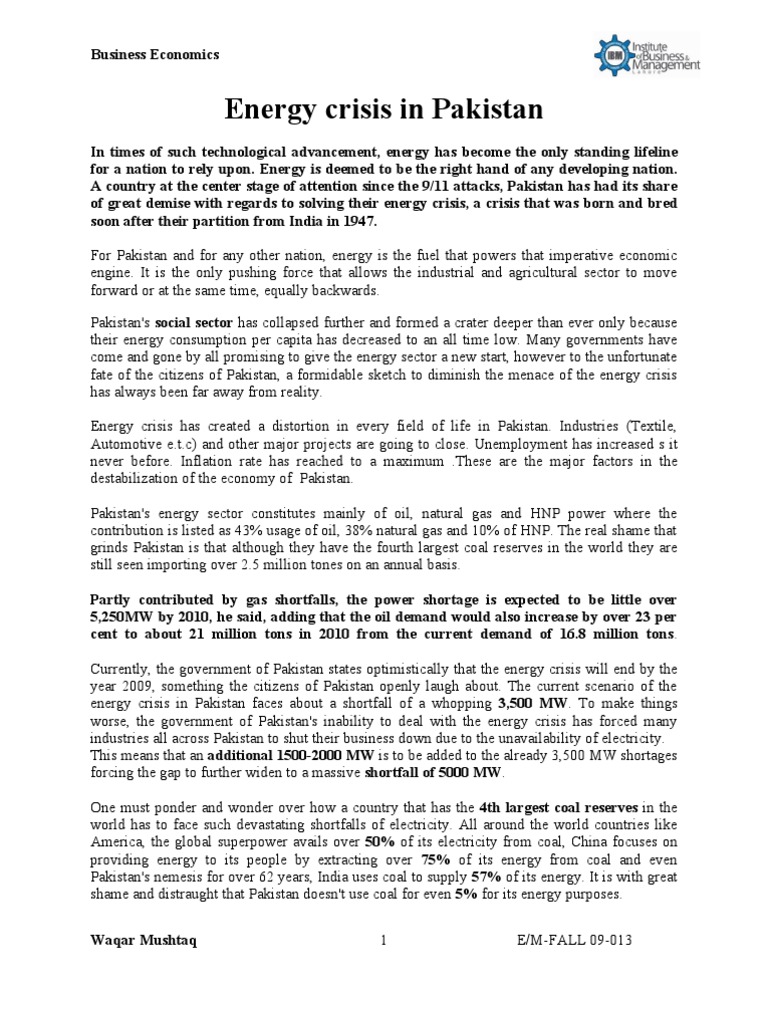 Energy Crisis in Pakistan and Its Solution | PDF | Energy Industry ...