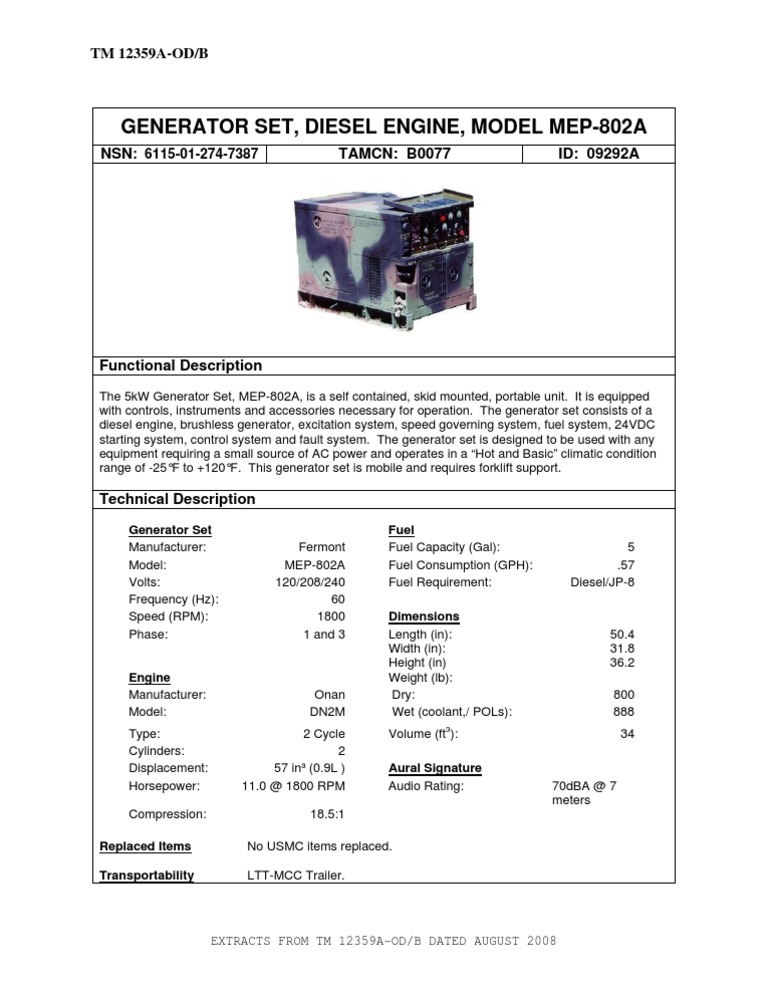 MEP-802A Generator Specifications | PDF | Science & Mathematics | Computers