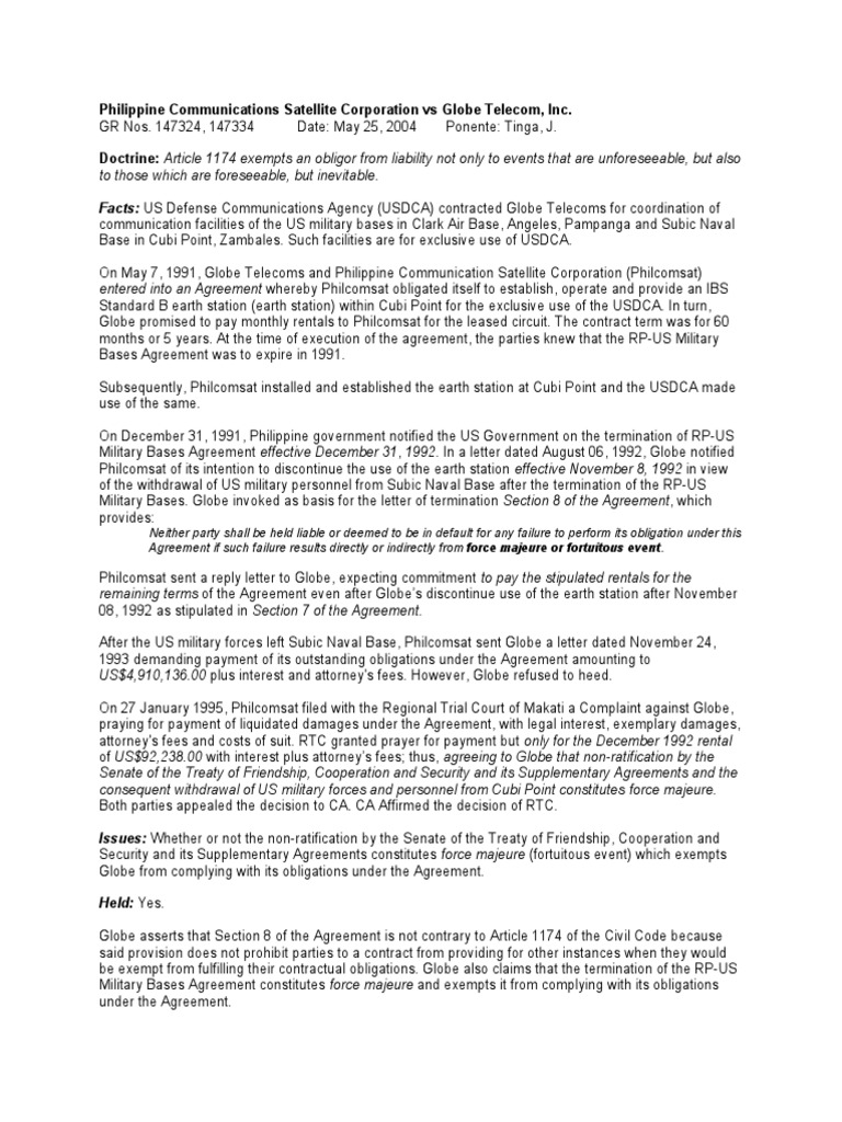 Philcomsat vs Globe Telecom: Force Majeure Case | PDF | Private Law ...